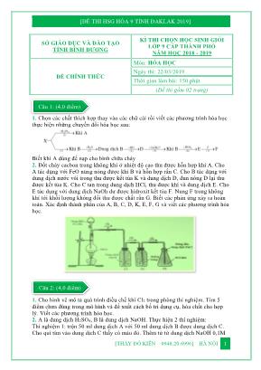 Đề thi học sinh giỏi môn Hóa học 9 tỉnh ĐăkLăk năm 2019 - Đỗ Kiên
